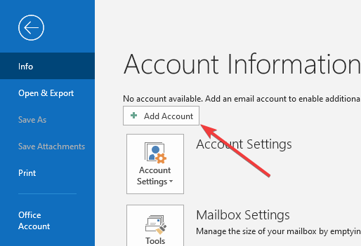 Klik add akun pada Microsoft Outlook