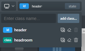 Display header element panel on Oxygen Builder with header ID and css classes headroom