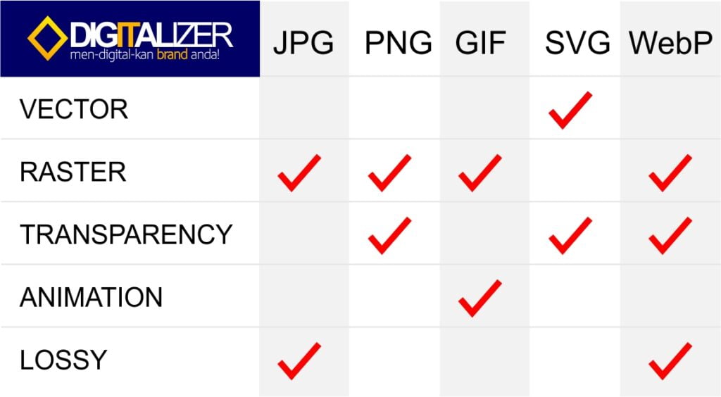 Character table of several image formats and their features
