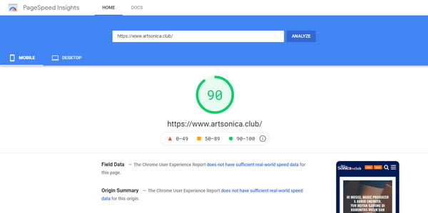 ArtSonica Club Google Page Speed Insight Score