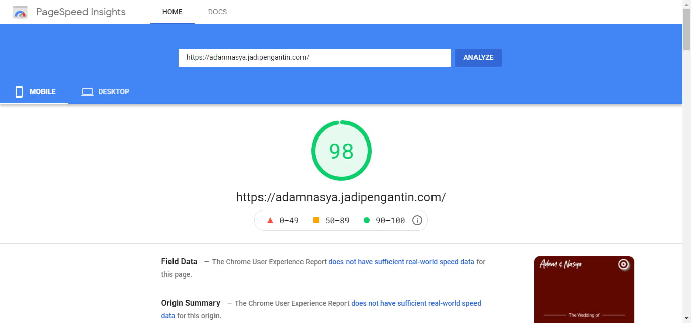 Adam Nasya - Undangan Pernikahan Online Google Page SPeed Insight Score