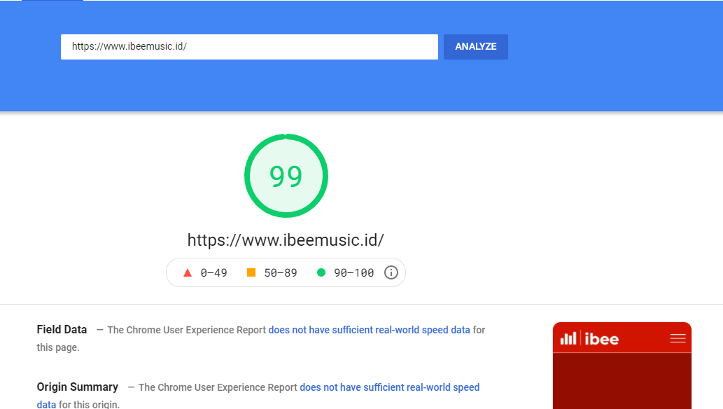 iBee Music Google Page SPeed Insight Score