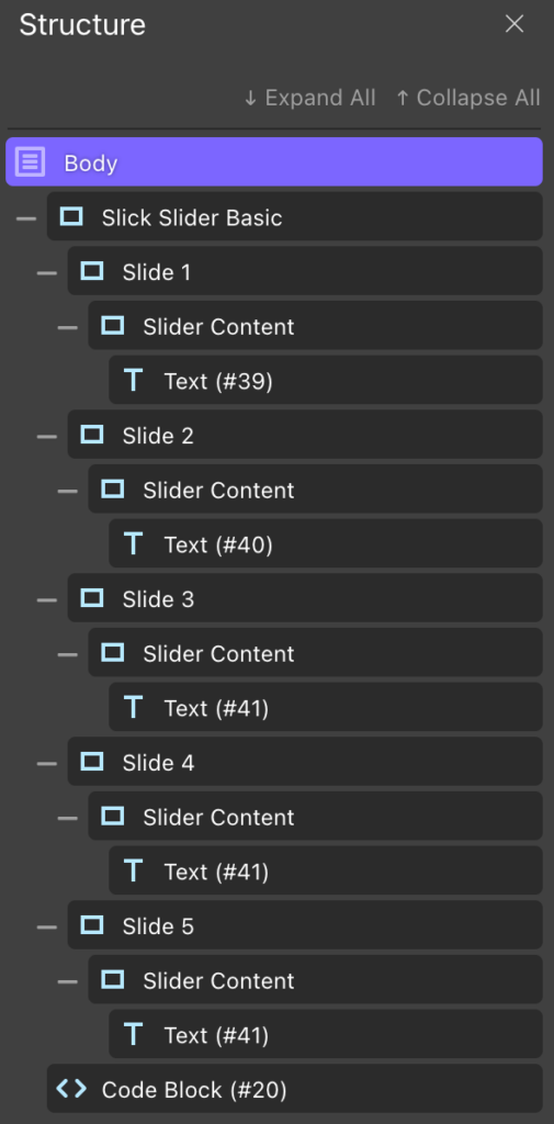 Slick Slider Basic HTML structure in the Oxygen Builder panel
