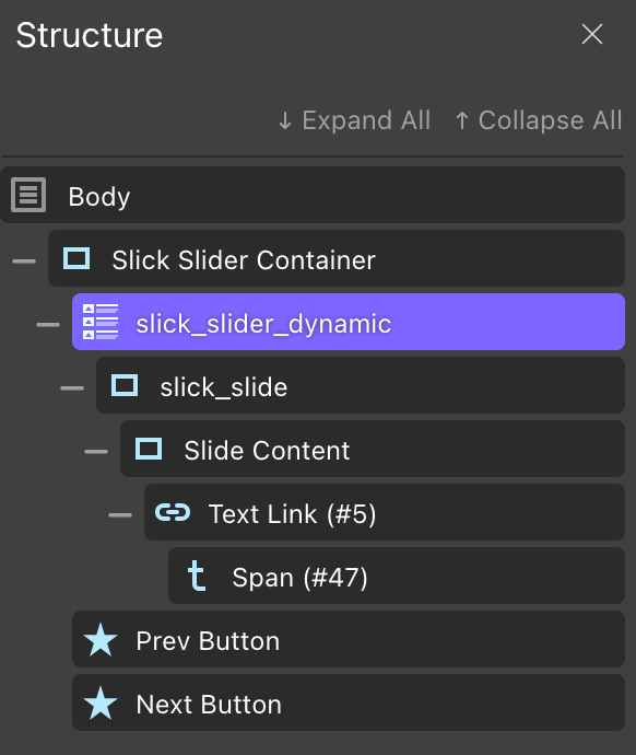 Struktur HTML Slick Slider untuk slider dinamis menggunakan elemen repeater dari Oxygen Builder